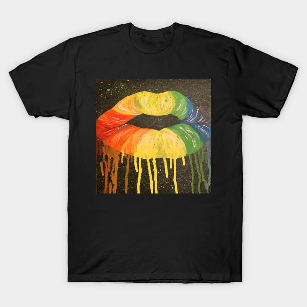 Pop Art Graphic Design Drippy Kissing Lips Be Happy Rainbow T-Shirt by tamdevo1